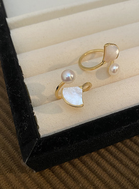 STINA2026法式珍珠扇形贝母戒指