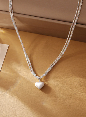 STINA新款银色拉丝爱心双层项链