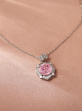 STINA新款玫瑰切粉色锆石项链女