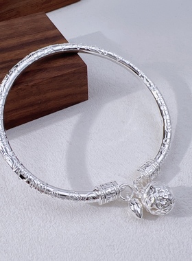 正品足银999.9 精工圆棍吉言宫铃莲花纯银开口手镯时尚高级感饰品