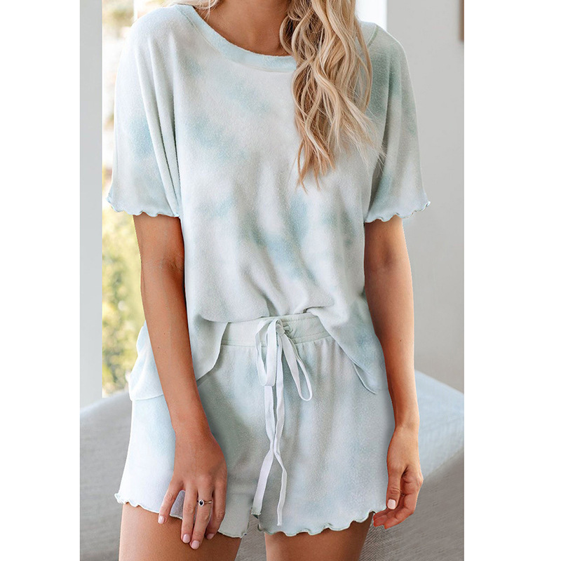 Women's printed short-sleeved two-piece pajamas tie-dye - 图1