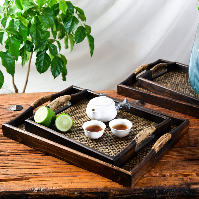 泰国进口实木托盘日式竹编茶盘复古托盘家用果盘长方形会所商托盘,淘宝优惠券,粉丝福利购,淘宝优惠卷