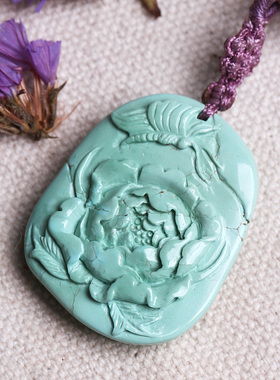 绿松石大师精雕蝶恋花手工吊坠