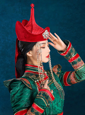 原创蒙古族女士红色网红旅拍新娘帽子舞蹈演出高端婚礼写真头饰品