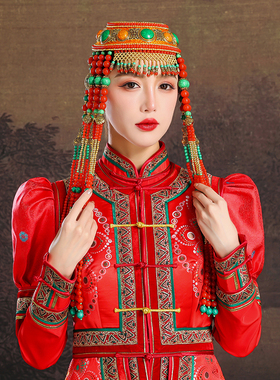 蒙古族盛装女重工头饰复古长流苏新娘帽婚纱照那达慕蒙古袍配饰品