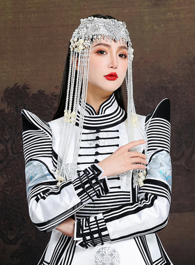 蒙古族头饰银白色流苏串珠重工仿宝石民族风婚礼演出写真发饰女