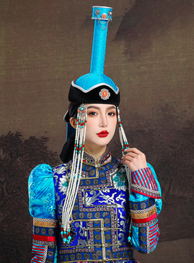 原创蒙古族蓝色帽子民族风高端女帽高档手工制作舞台演出发饰婚礼
