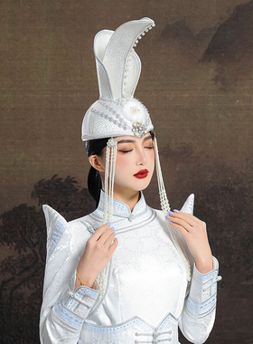 原创蒙古族牛角白色帽子内蒙古民族舞蹈演出走秀婚礼头饰高顶重工