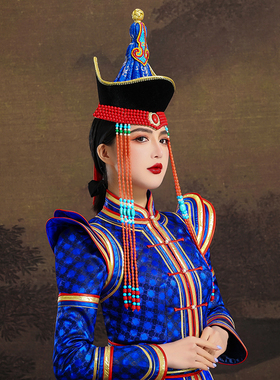 原创蒙古族女士蓝色尖顶帽子流苏内蒙古民族舞蹈婚礼走秀演出帽子