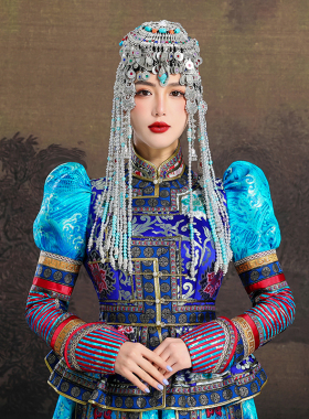 蒙古族盛装女重工头饰长流苏新娘婚纱照那达慕蒙古袍配饰品集锦