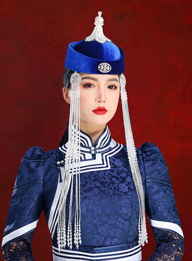 原创蒙古族蓝色时尚帽子旅拍舞蹈演出高顶婚礼写真头饰额饰品舞台