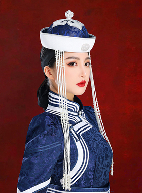 蒙古族女士蓝色网红旅拍圆顶帽子舞蹈演出高端婚礼写真头饰品帽