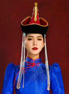 女蒙古创意设计师款红色帽子旅拍演出婚礼头饰内蒙异域风情饰品