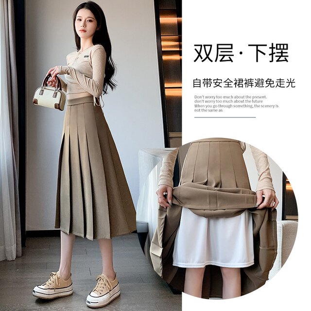 Skirt women's retro khaki autumn and winter new temperament loose high-waisted a-line suit mid-length pleated skirt