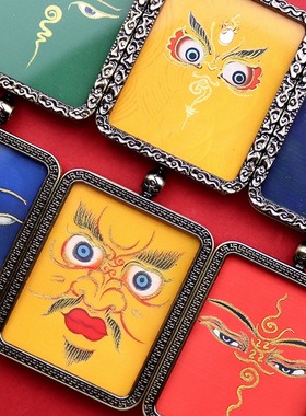 藏式古铜色框手绘描金画布唐卡吊坠五路财神脸谱唐卡男女项链