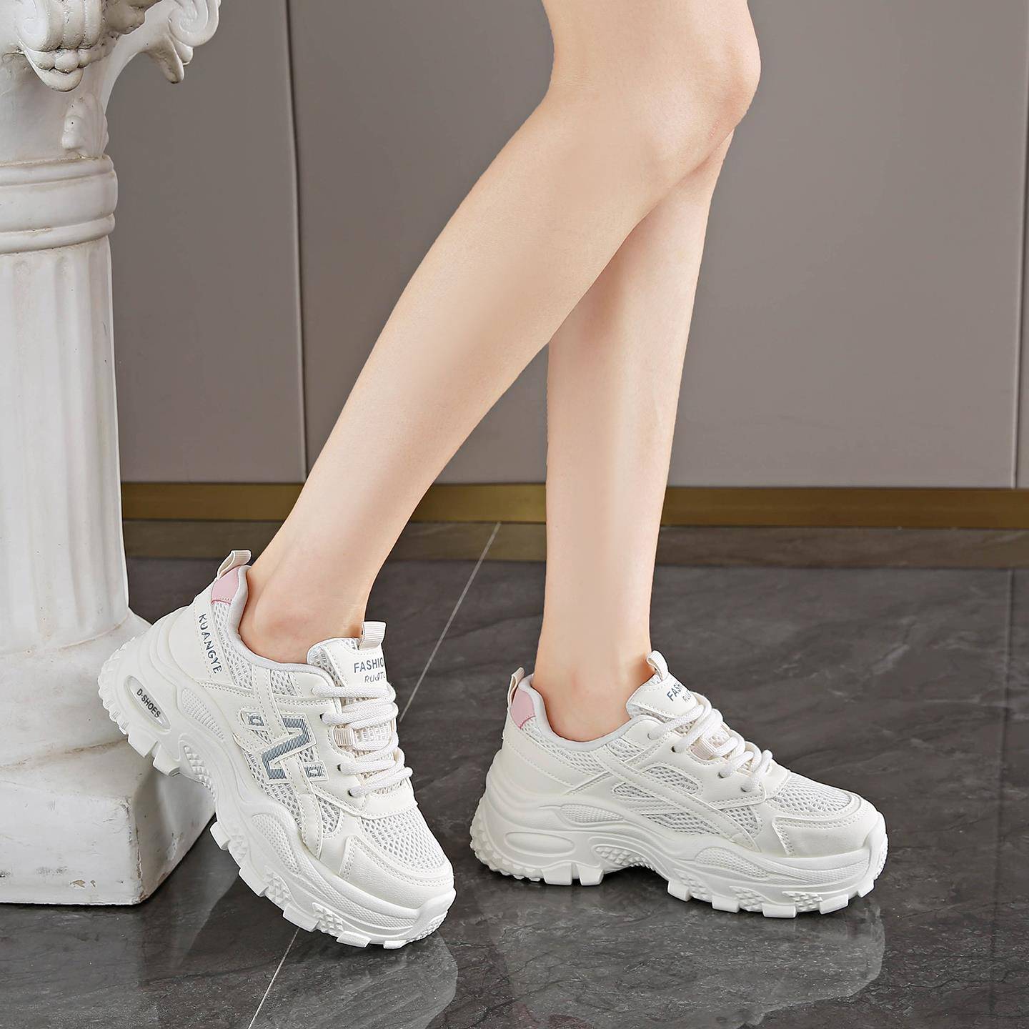 老爹鞋女款2025新款秋季网面小白鞋厚底不累脚防滑运动鞋增高女鞋 - 图1