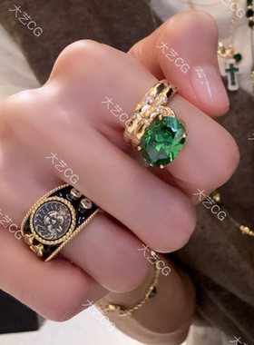 纯银戒指绿色复古风大指环925纯银