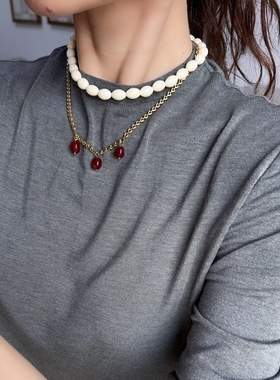 红玛瑙吊坠项链金色心形链条颈链现代复古百搭小众红色饰品礼物