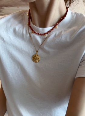 红玉髓项链串珠红色颈链choker复古百搭vintage叠戴短链珠串