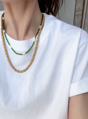 绿色超细串珠闪闪现代复古叠戴项链颈链百搭通勤choker饰水晶饰品