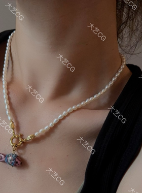 珍珠项链粉色小鱼多种戴法颈链小众叠戴
