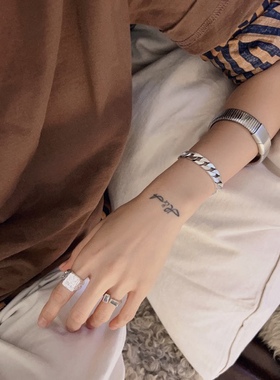 纯银方形戒指锡纸雾面925银饰品开口可调节夸张大指环