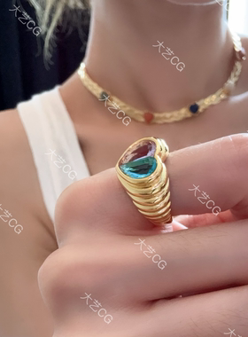彩色复古戒指桃心彩宝小众指环