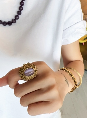 宫廷风复古戒指紫色猫眼石小众指环开口可调节指圈vintage中古