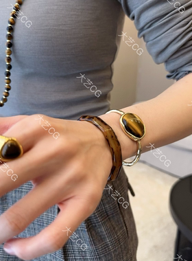 虎眼石手镯金色小众气质手环可调节复古饰品