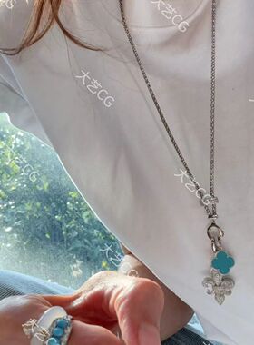 多种戴法纯银长项链小众可调节万能扣四叶草鸢尾花吊坠可拆卸