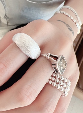 鸽子蛋拉丝夸张戒指925纯银素简椭圆形指环开口可调节尺寸指圈