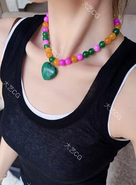 彩色珠串项链小众新中式夏日个性颈链桃心吊坠粉绿撞色