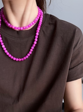 超长粉项链小众个性多种佩戴方法玫红花串珠中古vintage双层颈链