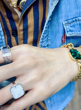 925纯银彩晶戒指复古方砖银戒指大磨砂锡纸雾面指环