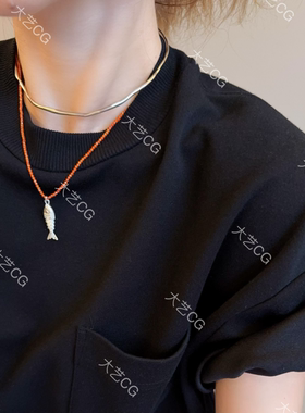 橙色小米珠项链复古鱼吊坠颈链民族风彩色小众配饰NEGlc 0651