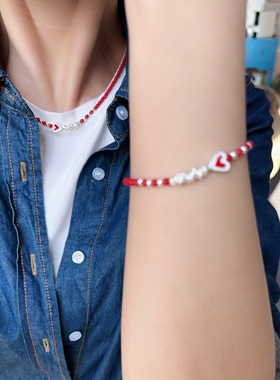红珠手链925纯银腕饰珠珠串珠红色新年礼物节日心形国风