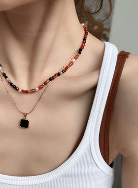 天然石彩色项链焦糖红色系夏日旅游颈链叠戴百搭珠珠链波西米亚
