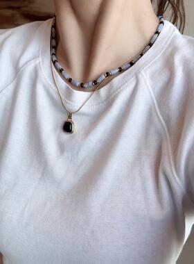 天然石紫色项链小众复古原石颈链百搭叠戴彩色蓝色饰品民族风链子