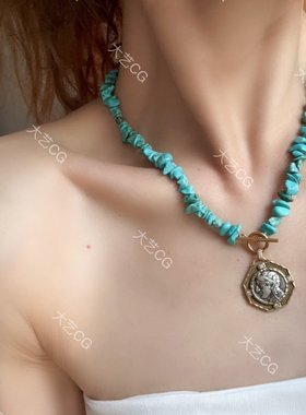 松石项链蓝色古币链复古风多种戴法不规则NEGlc  0782