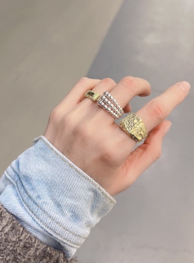 925纯银镀金方形戒指磨砂锡纸雾面大指环开口可调节