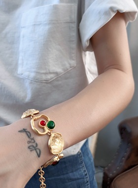 素金色复古手链彩色琉璃中古手链vintage饰品古着手镯手部饰品