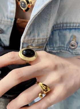 复古原石几何图形镀金夸张开口戒指vintage金色指环