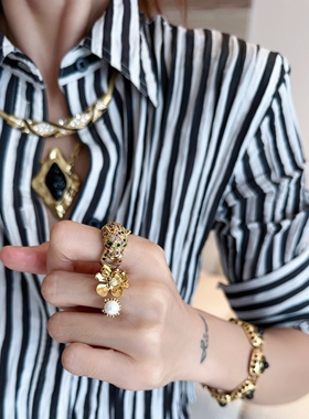 vintage金钱豹戒指开口可调节彩色复古指环高级宫廷中古彩宝金色