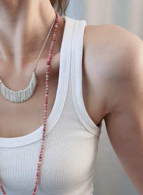 天然石珠子项链粉色个性串珠链子藕紫暗vintage个性两圈项链