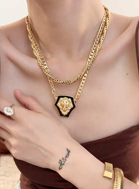 复古链条大项链狮子黑金夸张中古饰品vintage颈链