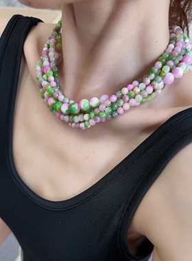 多层彩珠项链高级感choker串珠新中式粉绿花色珠串颈链项链