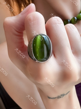 绿猫眼戒指复古风小众指环绿色简约