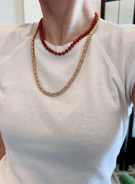 红色玛瑙石项链珠珠暗红色vintage饰品短串珠链个性简约叠戴彩色