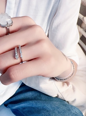 蛇形925纯银开口戒指细闪锆石bling bling可调节大小指环高级个性