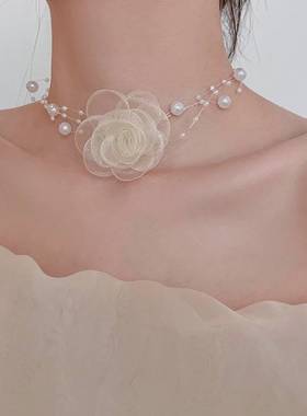 脖子配饰浪漫性感多层珠珠项链女花朵锁骨链小众设计感颈链